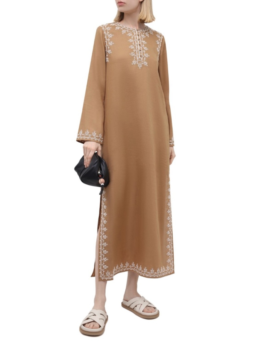 Tory Burch Camel Linen Caftan Maxi Dress with White Embroidery XS